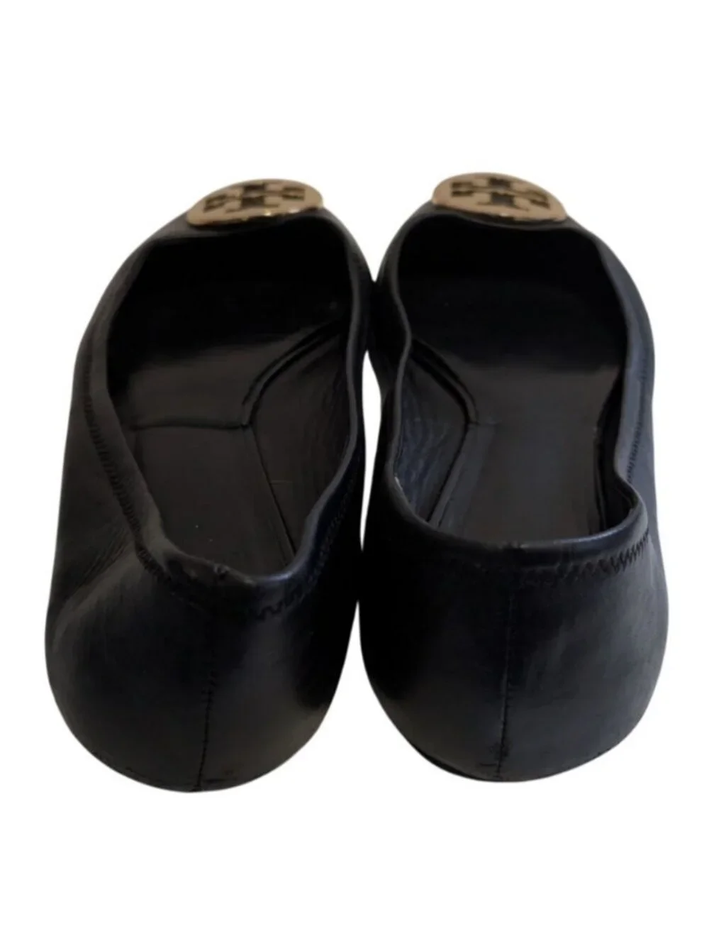 Tory Burch Black Leather Minnie Travel Ballet Flats Gold Logo Womens Size 12